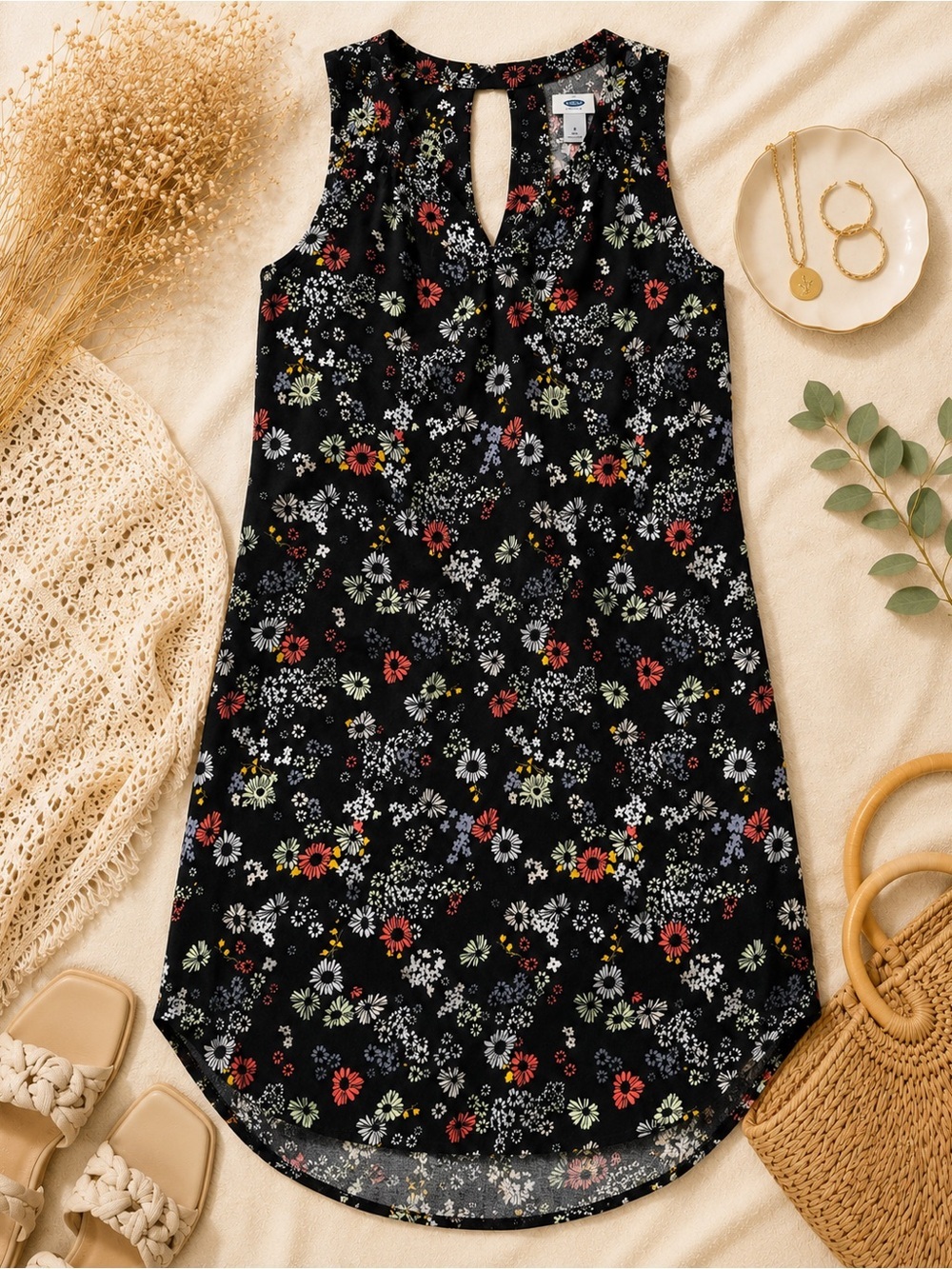 Old Navy Black Floral Sleeveless Dress Size Medium Keyhole Back